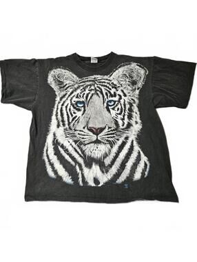 Vintage 1992 XL Black White Tiger Graphic T-Shirt Animal Print Casual 90s Animal